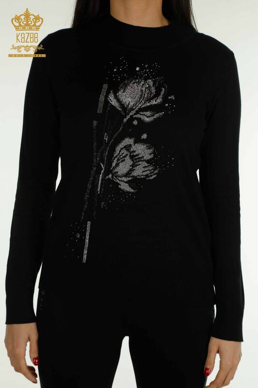 Pulover de tricotaj pentru femei - Floral Cu model - negru - 30656 | KAZEE