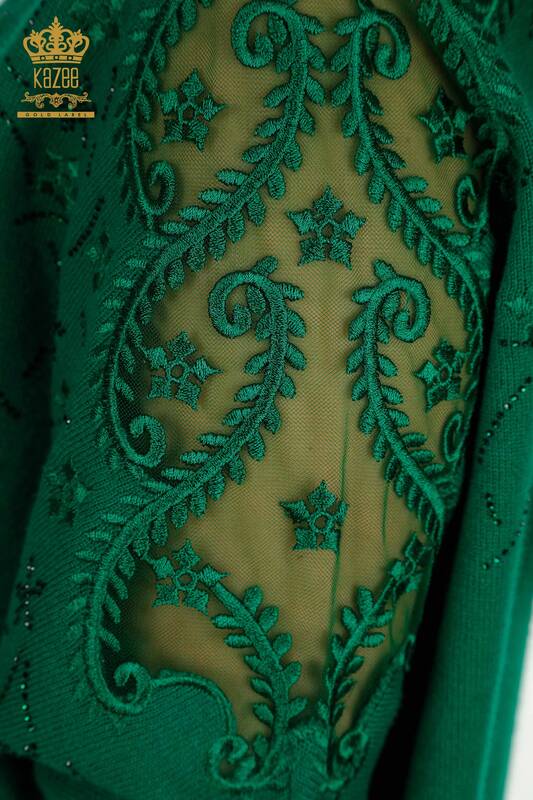 Pulover de tricotaj pentru femei cu ridicata - Motiv floral - Verde - 16800 | KAZEE