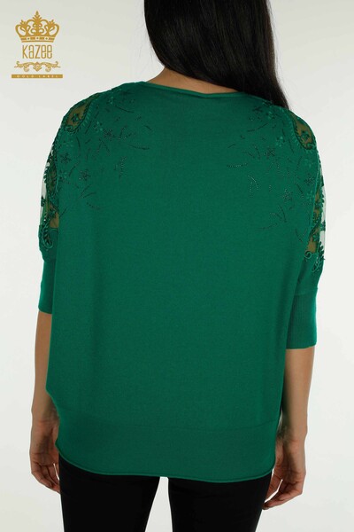 Pulover de tricotaj pentru femei cu ridicata - Motiv floral - Verde - 16800 | KAZEE - Thumbnail