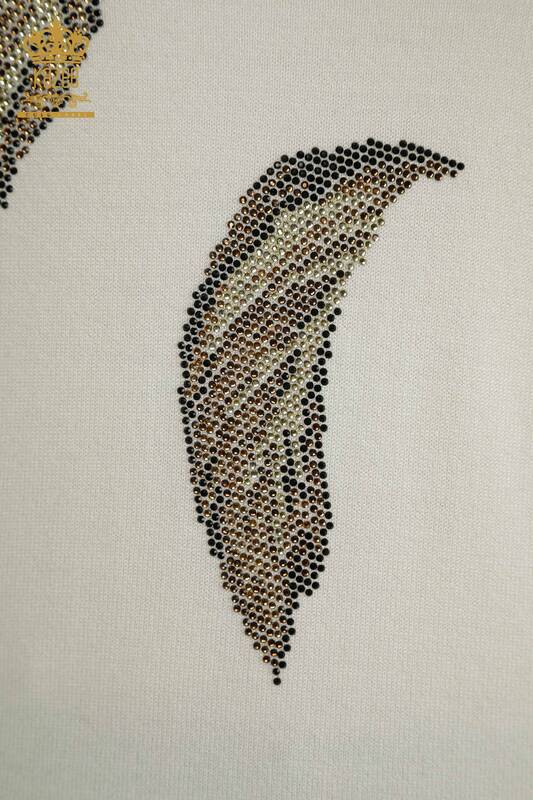 Pulover de tricotaje de damă cu ridicata - Model cu frunze - Ecru - 30477 | KAZEE