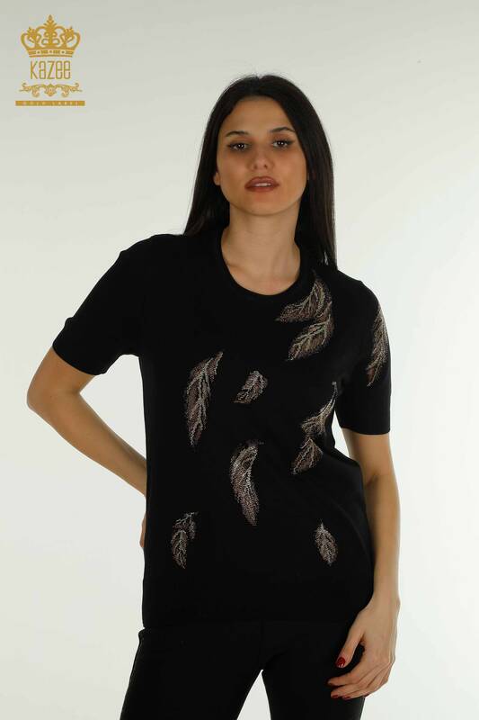 En-gros Pulover de tricotaje pentru femei - Model cu frunze - Negru - 30477 | KAZEE