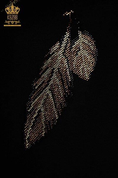 En-gros Pulover de tricotaje pentru femei - Model cu frunze - Negru - 30477 | KAZEE - Thumbnail
