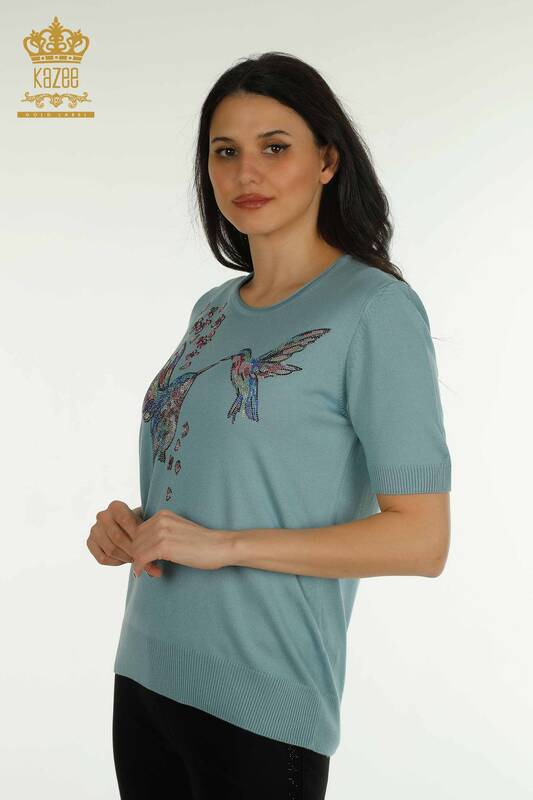 Pulover de tricotaj pentru femei cu ridicata - Model de păsări - Mentă - 30456 | KAZEE
