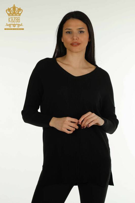 Pulover de tricotaj pentru femei cu ridicata - Cu Fanta Detaliu - Negru - 30193 | KAZEE