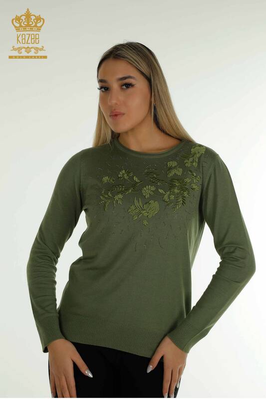 En-gros tricotaje pentru femei Pulover - cu flori brodate - kaki - 16849 | KAZEE