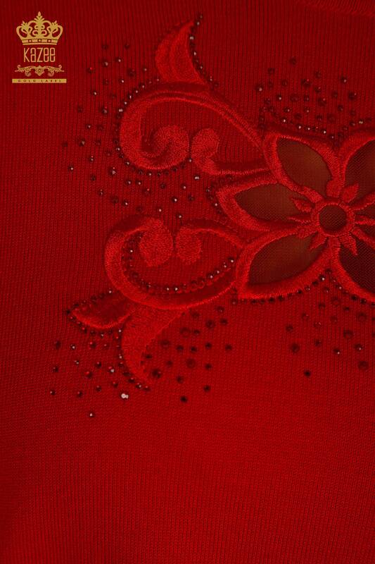 Pulover de tricotaj pentru femei cu ridicata - Cu flori brodate - roșu - 30527 | KAZEE