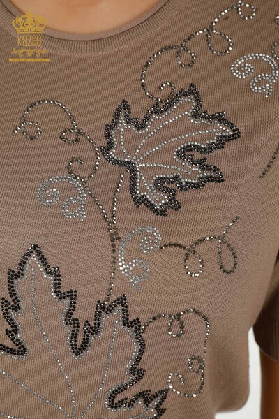 Pulover de tricotaje pentru femei cu ridicata - Broderie cu frunze - nurca - 30654 | KAZEE - Thumbnail