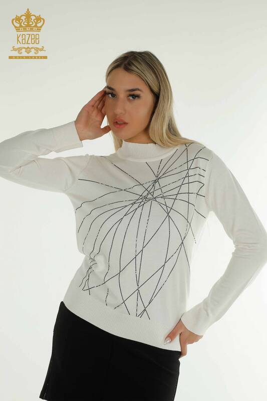 Pulover de tricotaj pentru femei cu ridicata - Guler stand - Ecru - 30454 | KAZEE