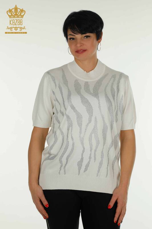 Pulover de tricotaj pentru femei cu ridicata - Guler stand - Ecru - 30670 | KAZEE