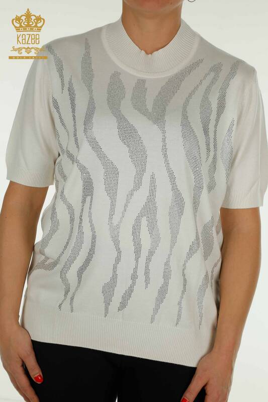 Pulover de tricotaj pentru femei cu ridicata - Guler stand - Ecru - 30670 | KAZEE