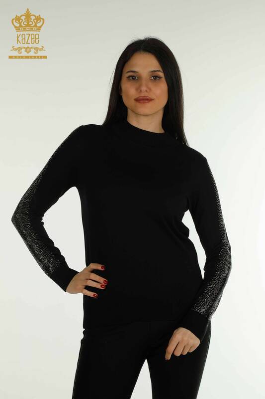 Pulover de tricotaj de damă cu ridicata - guler stand - negru - 30564 | KAZEE