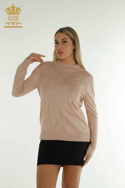 Pulover de tricotaj pentru femei cu ridicata - guler stand - pudra - 30454 | KAZEE - Thumbnail