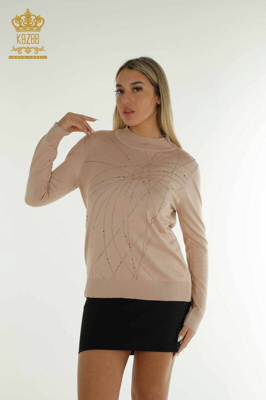 Pulover de tricotaj pentru femei cu ridicata - guler stand - pudra - 30454 | KAZEE