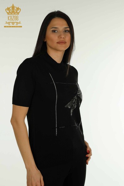 Pulover de tricotaj pentru femei cu ridicata - Libelulă Detailed - Negru - 30650 | KAZEE - Thumbnail