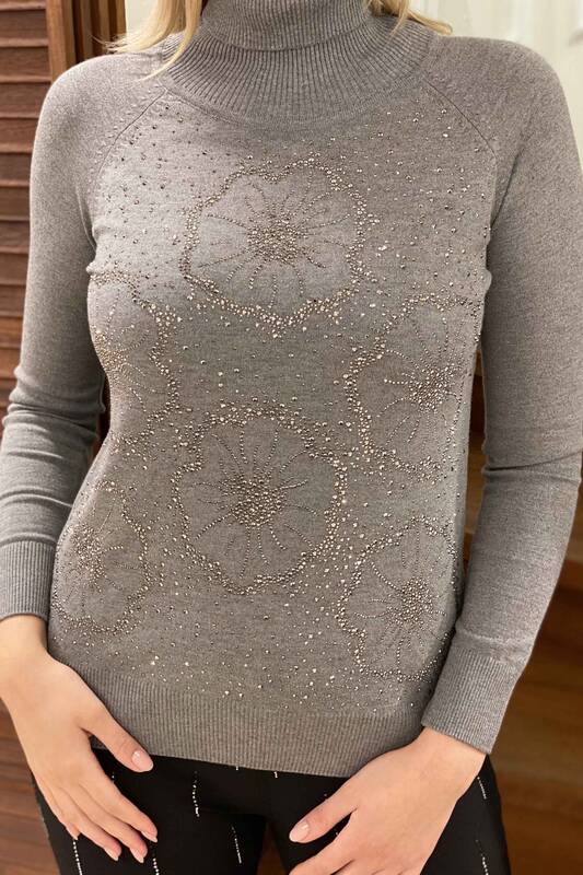 Tricotaj cu ridicata pentru femei Pulover cu gât rotic cu model floral - 15881 | KAZEE