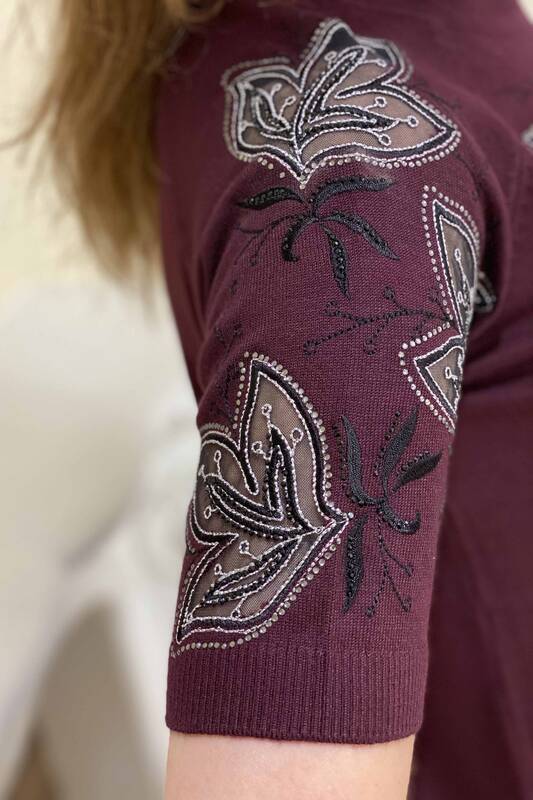 Tricotaj de damă cu ridicata din tul brodat cu mânecă scurtă - 15762 | KAZEE