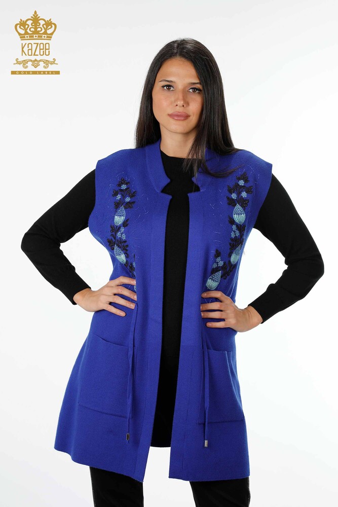 Vânzător cu ridicata Tricotaj pentru femei Vesta cu modele florale lungi brodate cu piatră - 16809 | KAZEE - 1