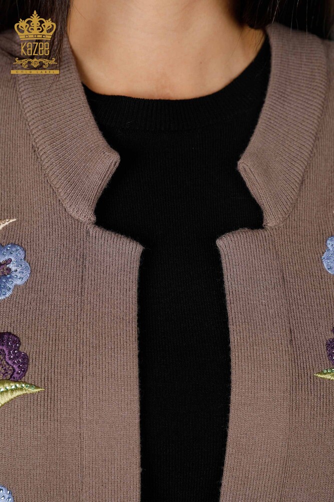 Vesta cu ridicata pentru femei tricotaje cu broderie de piatra si model de flori - 16835 | KAZEE - 4