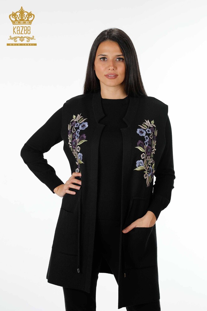 Vesta cu ridicata pentru femei tricotaje cu broderie de piatra si model de flori - 16835 | KAZEE - 7