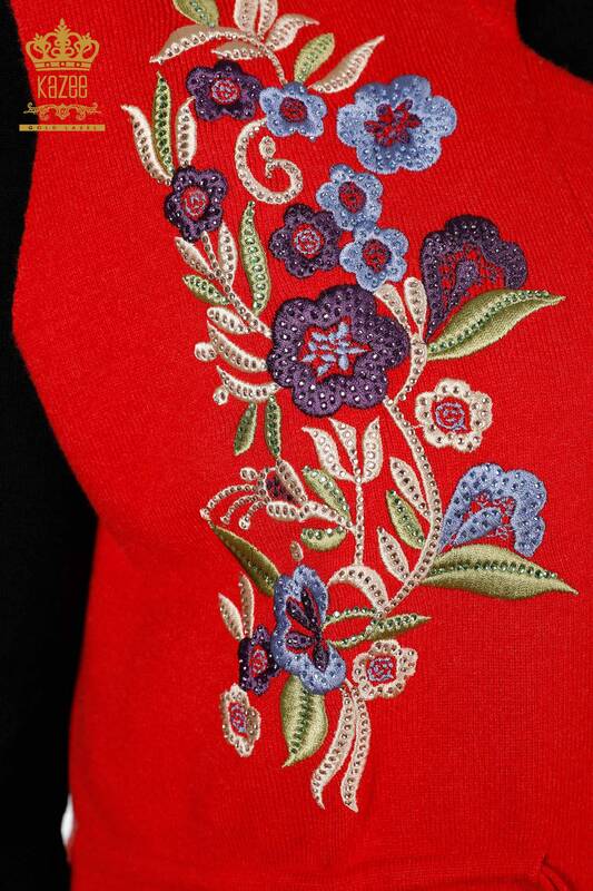 Vesta cu ridicata pentru femei tricotaje cu broderie de piatra si model de flori - 16835 | KAZEE
