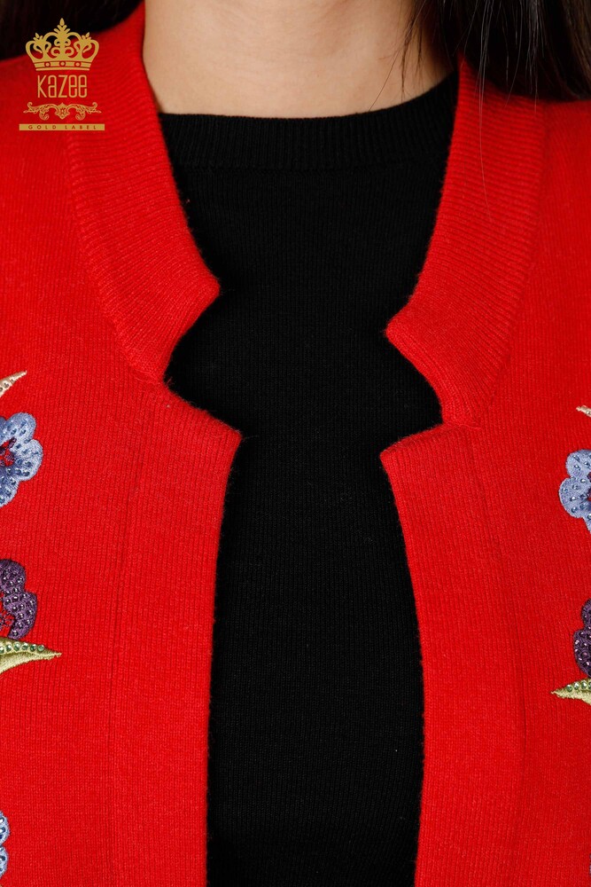 Vesta cu ridicata pentru femei tricotaje cu broderie de piatra si model de flori - 16835 | KAZEE - 17