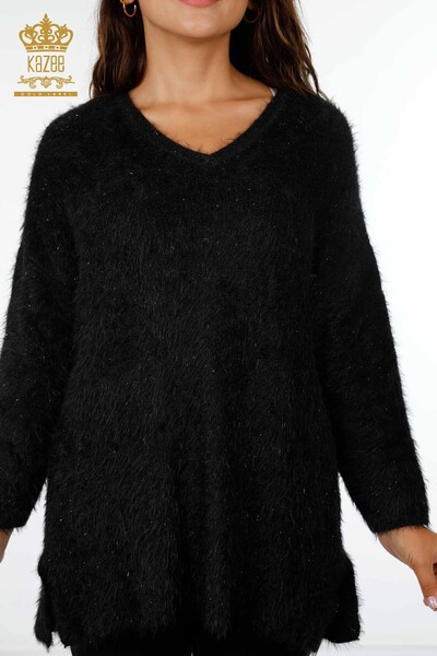 Venta al por mayor Suéter de punto para mujer con cuello en V largo y tejido de pelo básico - 19094 | kazee - Thumbnail