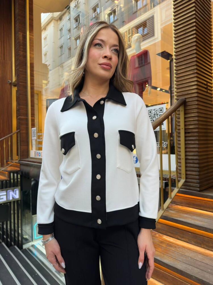 Eşofman Takımı Düğme Detaylı Ekru Siyah - 17977 | KAZEE (3'lü Set M-L-XL) - 4