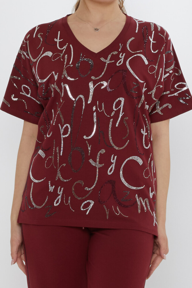 Eşofman Takımı Harf Taş İşlemeli Bordo - 17906 | KAZEE (3'lü Set M-L-XL) - 3