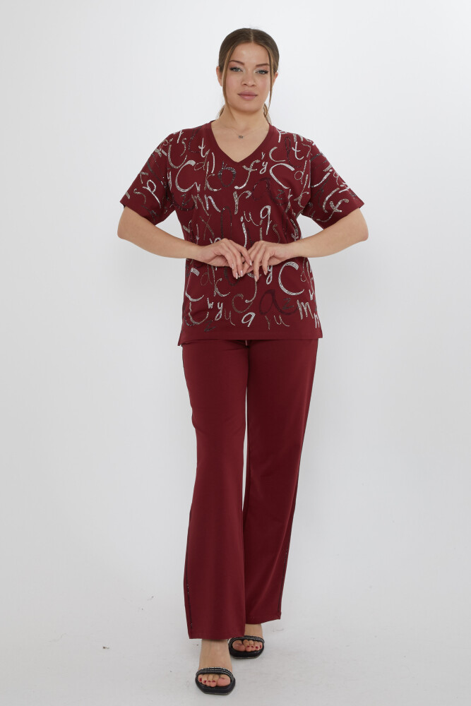 Eşofman Takımı Harf Taş İşlemeli Bordo - 17906 | KAZEE (3'lü Set M-L-XL) - 1
