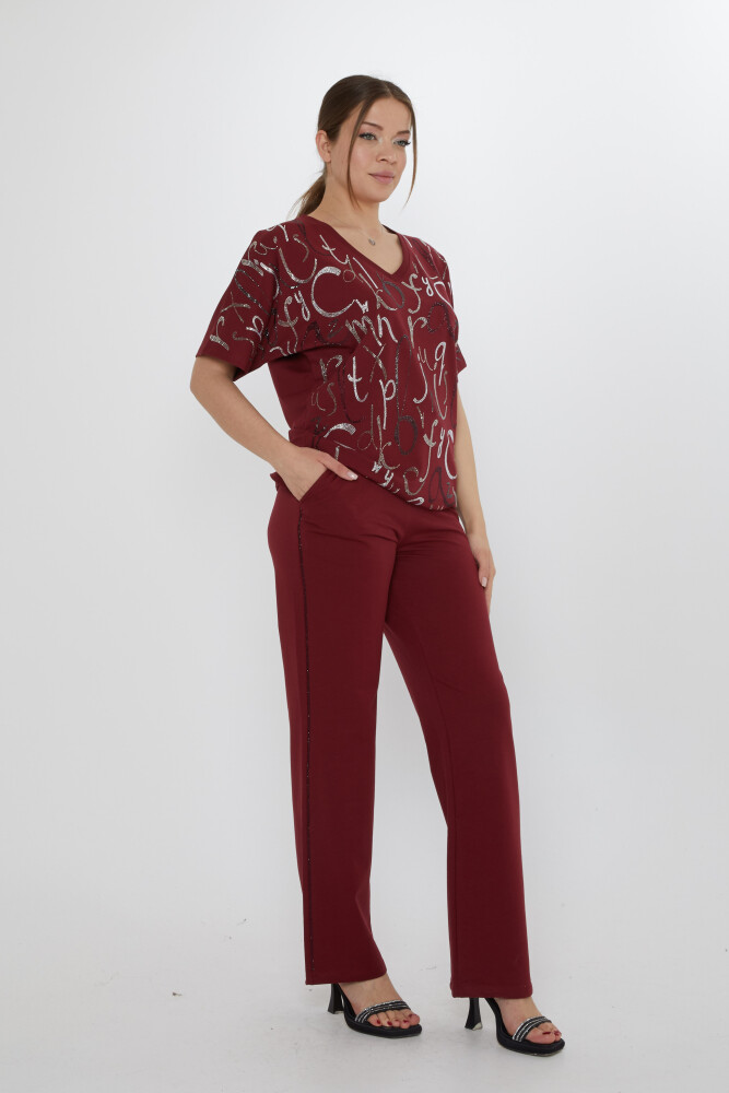 Eşofman Takımı Harf Taş İşlemeli Bordo - 17906 | KAZEE (3'lü Set M-L-XL) - 2