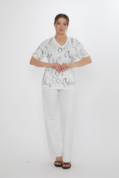 Eşofman Takımı Harf Taş İşlemeli Ekru - 17906 | KAZEE (3'lü Set M-L-XL) - KAZEE 