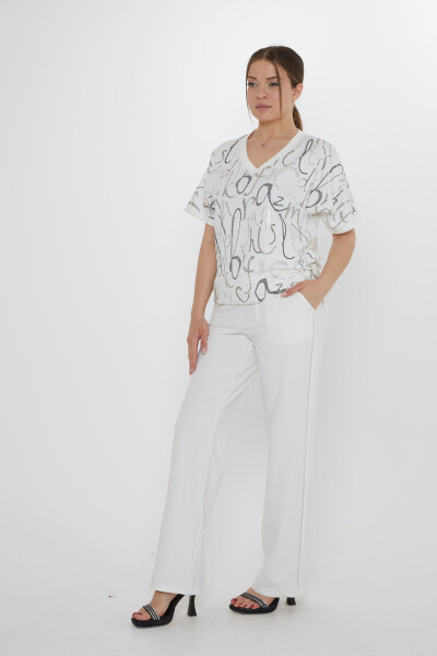 Eşofman Takımı Harf Taş İşlemeli Ekru - 17906 | KAZEE (3'lü Set M-L-XL) - KAZEE (1)