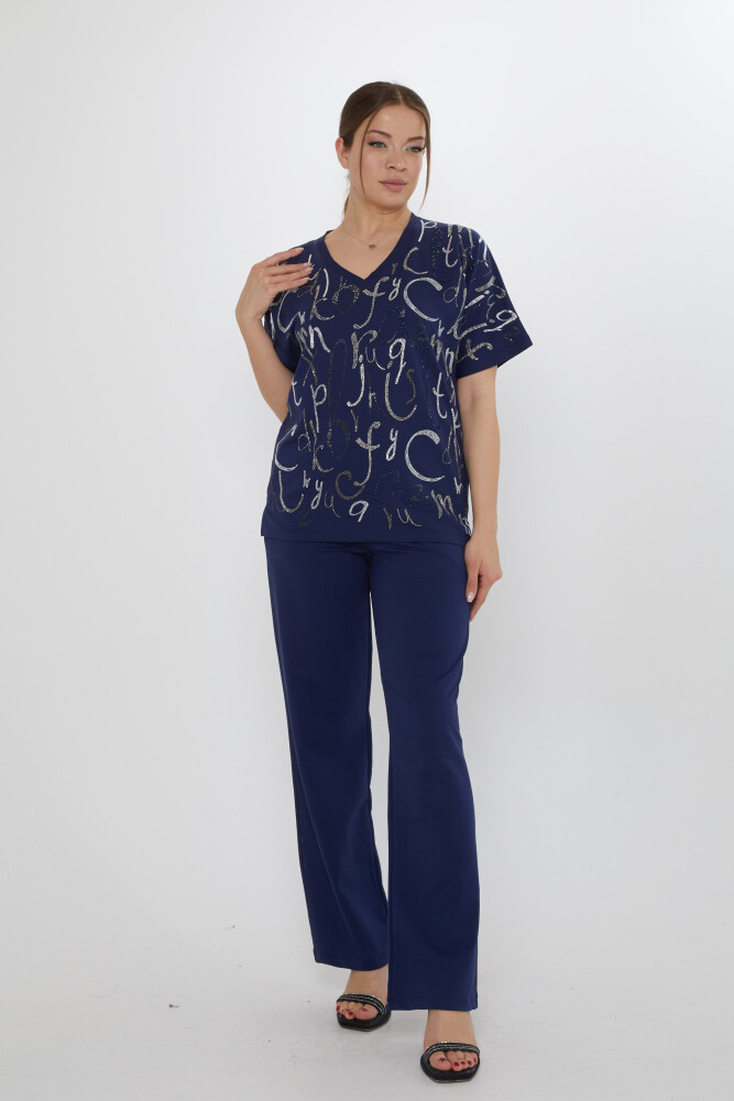 Eşofman Takımı Harf Taş İşlemeli Lacivert - 17906 | KAZEE (3'lü Set M-L-XL) - 2