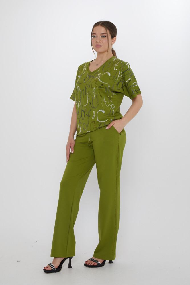 Eşofman Takımı Harf Taş İşlemeli Yeşil - 17906 | KAZEE (3'lü Set M-L-XL) - 2