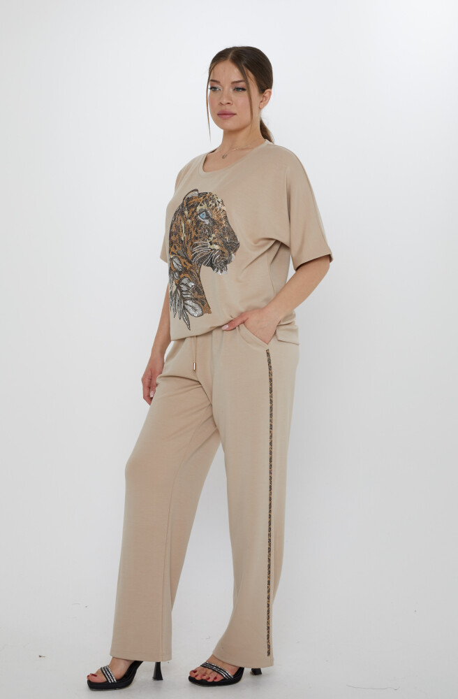 Eşofman Takımı Kaplan Desenli Bej - 17876 | KAZEE (3'lü Set L-XL-2XL) - 2