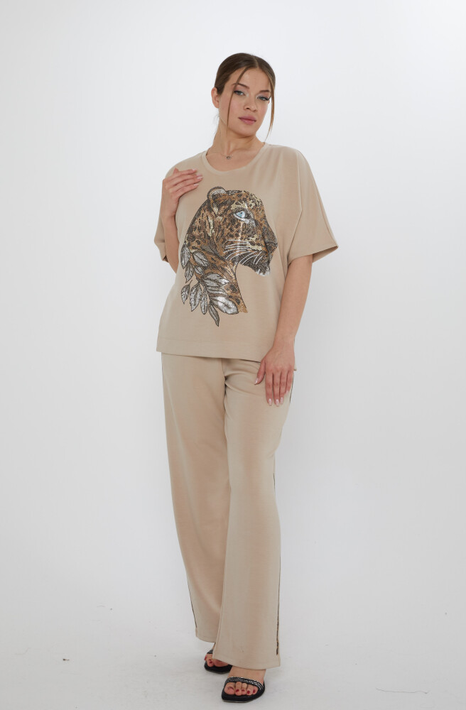 Eşofman Takımı Kaplan Desenli Bej - 17876 | KAZEE (3'lü Set L-XL-2XL) - 1