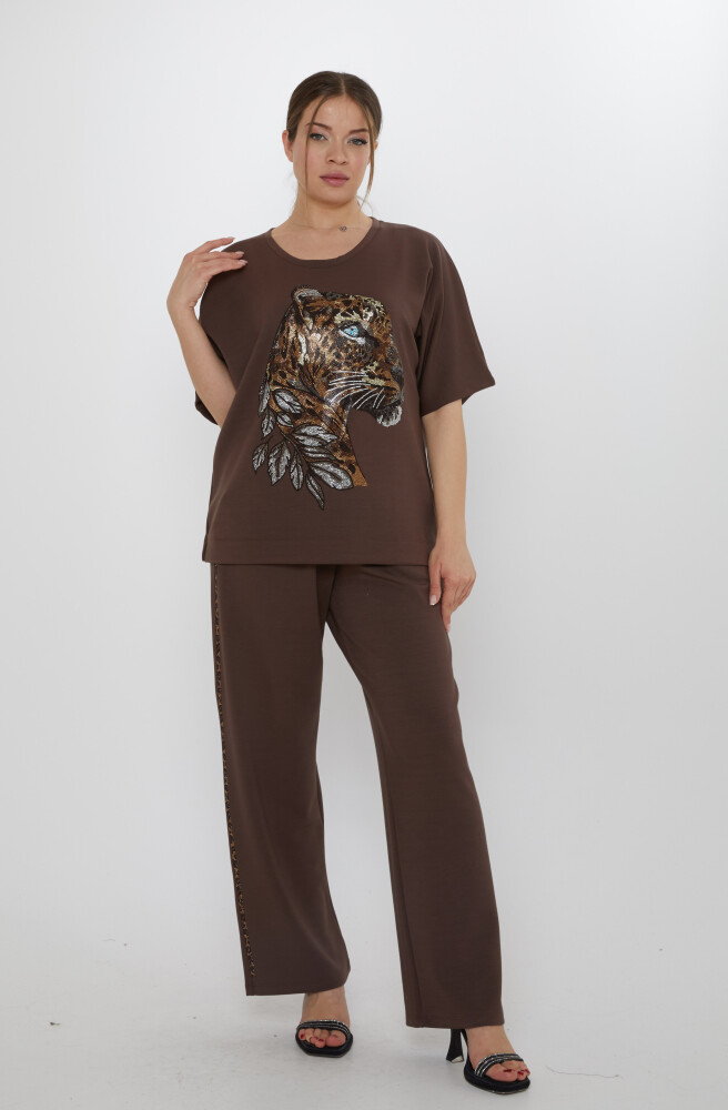 Eşofman Takımı Kaplan Desenli Kahve - 17876 | KAZEE (3'lü Set L-XL-2XL) - 1