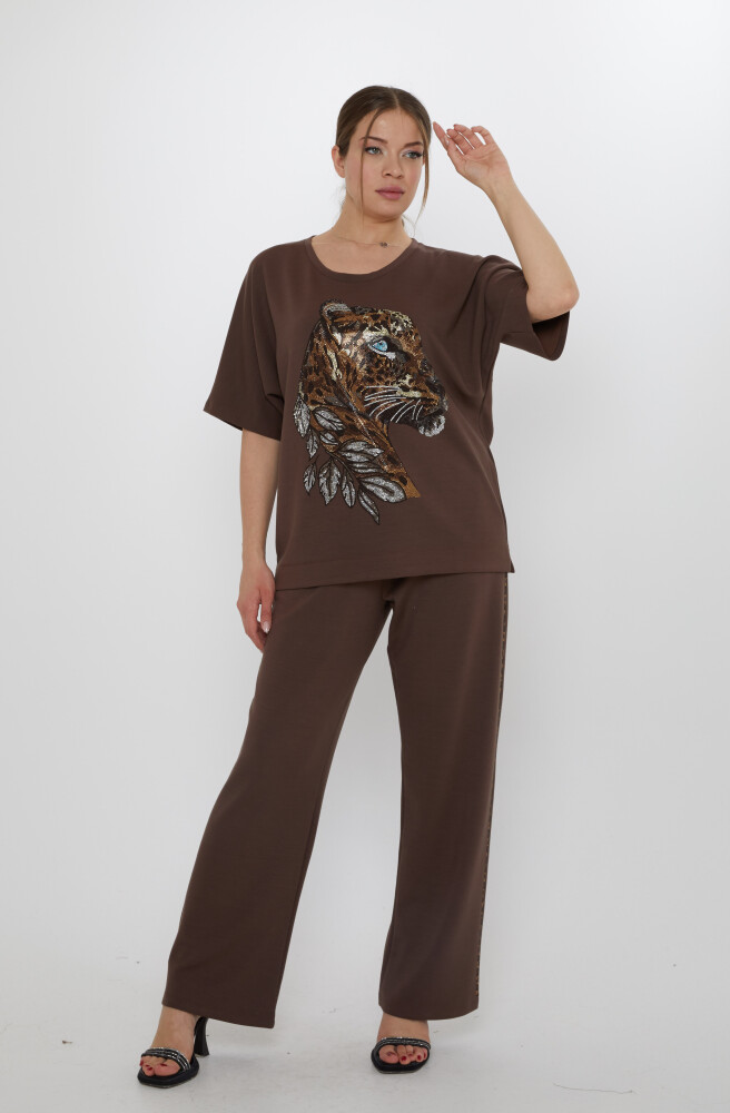 Eşofman Takımı Kaplan Desenli Kahve - 17876 | KAZEE (3'lü Set L-XL-2XL) - 2