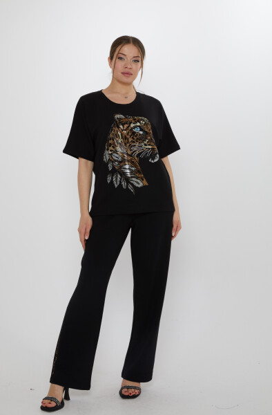 Eşofman Takımı Kaplan Desenli Siyah - 17876 | KAZEE (3'lü Set L-XL-2XL) - Kazee