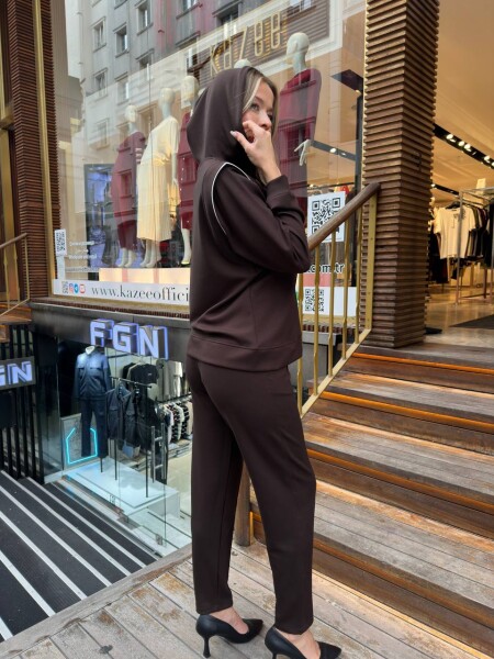 Eşofman Takımı Kapüşonlu Kahve - 17814 | KAZEE (3'lü Set M-L-XL) - 6