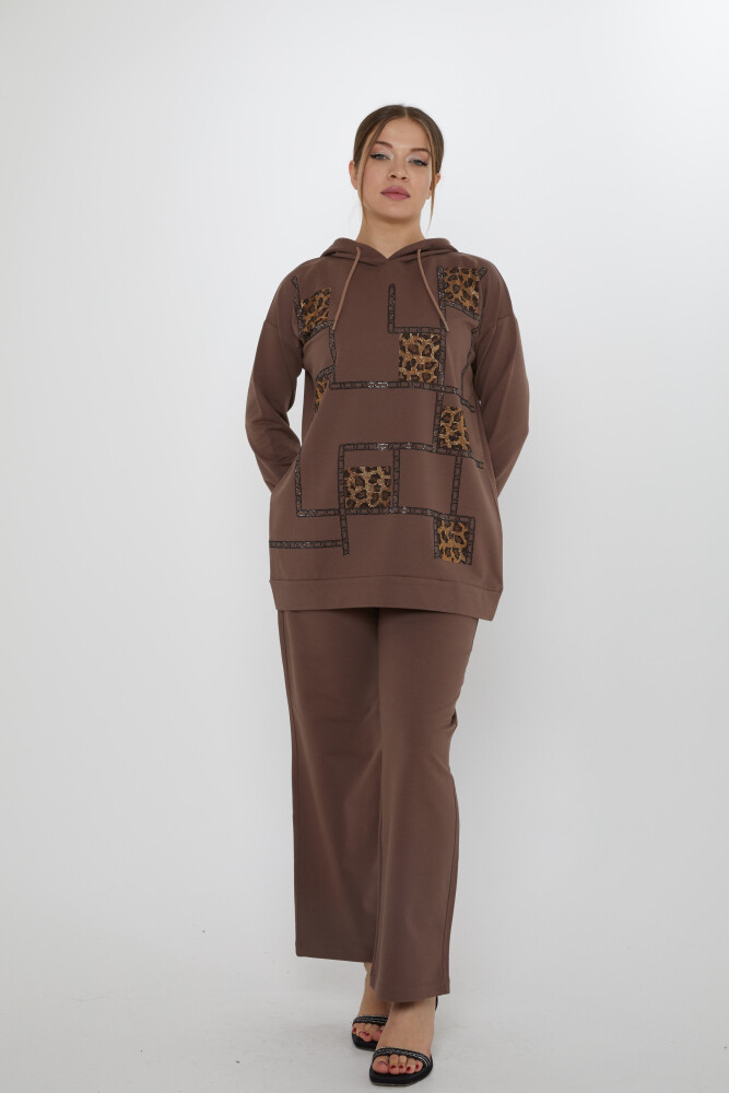 Eşofman Takımı Kare Taş İşlemeli Kahve - 17899 | KAZEE (3'lü Set M-L-XL) - 1