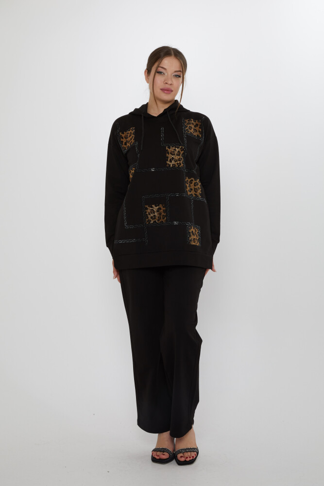 Eşofman Takımı Kare Taş İşlemeli Siyah - 17899 | KAZEE (3'lü Set M-L-XL) - 2