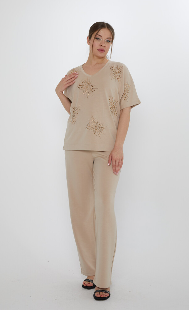 Eşofman Takımı Kısa Kollu Bej - 17893 | KAZEE (3'lü Set M-L-XL) - 1