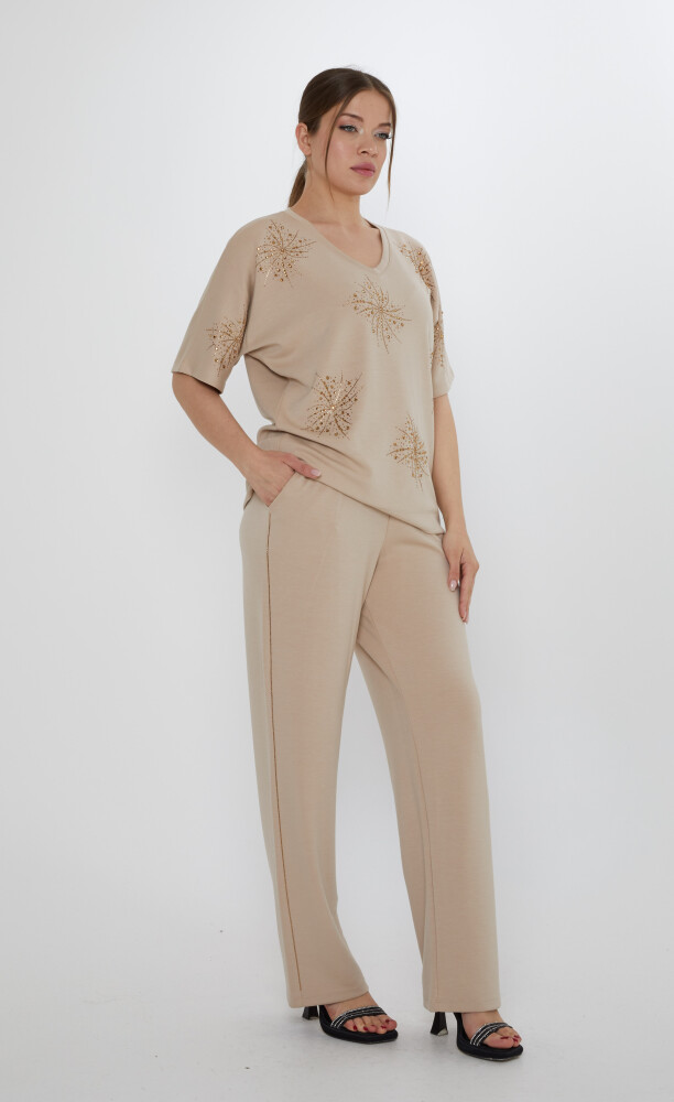 Eşofman Takımı Kısa Kollu Bej - 17893 | KAZEE (3'lü Set M-L-XL) - 2