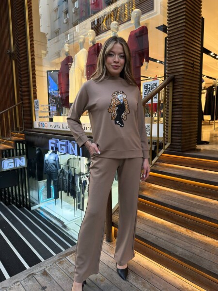 Eşofman Takımı Leopar Detaylı Bej - 17958 | KAZEE (3'lü Set M-L-XL) 