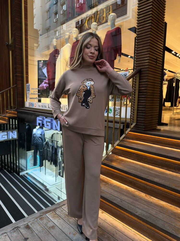Eşofman Takımı Leopar Detaylı Bej - 17958 | KAZEE (3'lü Set M-L-XL) - 3