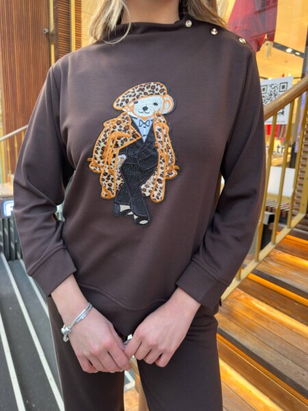 Eşofman Takımı Leopar Detaylı Kahve - 17958 | KAZEE (3'lü Set M-L-XL) - 4