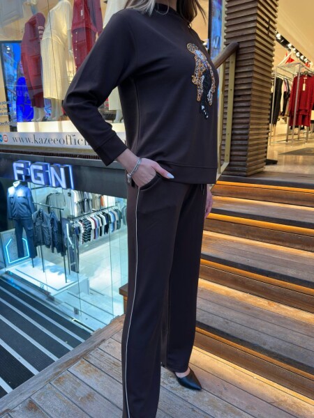 Eşofman Takımı Leopar Detaylı Kahve - 17958 | KAZEE (3'lü Set M-L-XL) - 5