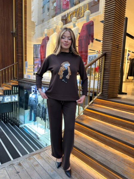 Eşofman Takımı Leopar Detaylı Kahve - 17958 | KAZEE (3'lü Set M-L-XL) - 2