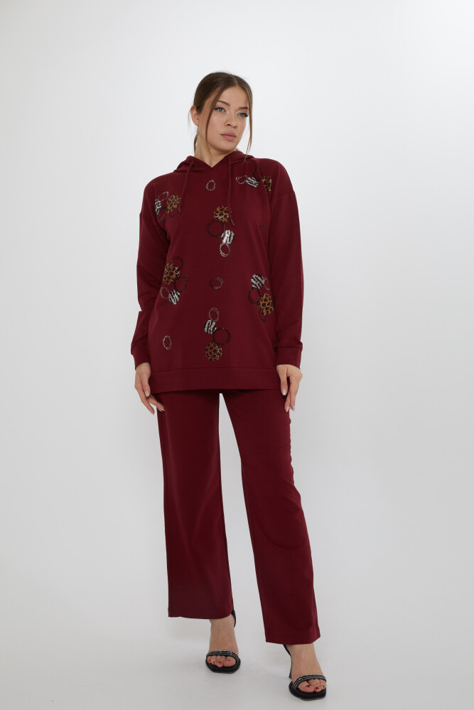 Eşofman Takımı Taşlı Desenli Bordo - 17898 | KAZEE (3'lü Set M-L-XL) - 1